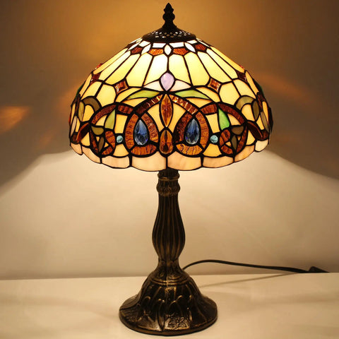 Tiffany Style Stained Glass Table Lamp With Vintage Victorian Vibe, 12 Inch Shade, 18 Inch Tall, Antique Green Bronze Base, Bedside Desk Reading Light For Bedroom Living Room Home Office, UL Listed lit on table