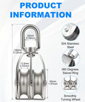 2 Pack M50 Lifting Double Pulley Block Made From 304 Stainless Steel With Swivel Hook, shown with dimensions and swivel ring details.