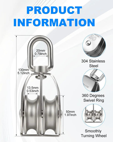 2 Pack M50 Lifting Double Pulley Block Made From 304 Stainless Steel With Swivel Hook, shown with dimensions and swivel ring details.