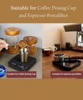 Digital Coffee Scale With Built In Timer 0.1g Precision To 3000g Rechargeable Espresso Scale on kitchen counter with coffee beans and portafilter