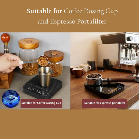 Digital Coffee Scale With Built In Timer 0.1g Precision To 3000g Rechargeable Espresso Scale on kitchen counter with coffee beans and portafilter