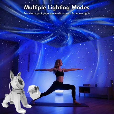 Galaxy Projector Night Light With Music Sync and Northern Lights effects illuminating yoga room with aurora patterns