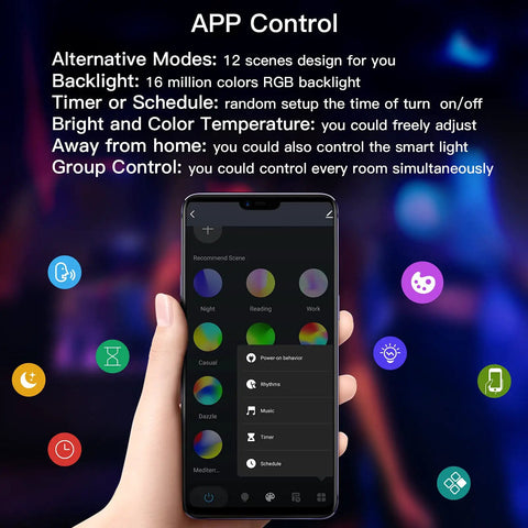 Smartphone app interface for Totally Smart 12 Inch Flush Mount LED Ceiling Light 24W Dimmable with RGB backlight options.