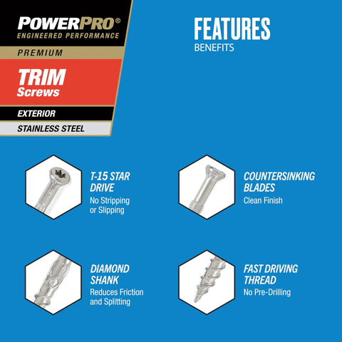 Premium 305 Stainless Steel Trim Screws No Pre Drill Star Drive No 8 X 3 Inch 1 Lb Box features overview