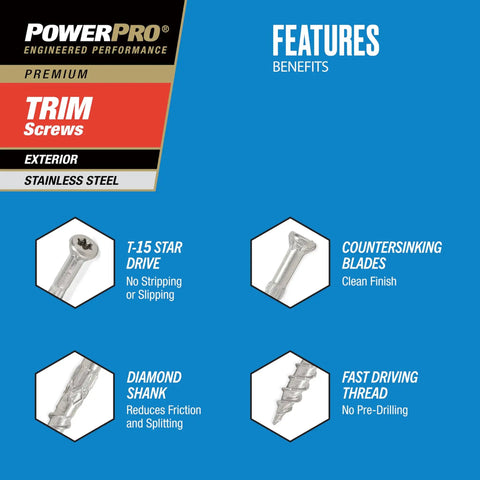 Premium 305 Stainless Steel Trim Screws 8 By 2 And A Half Inches, 5 Pound Box, Fast Install, No Predrill, Star Drive features