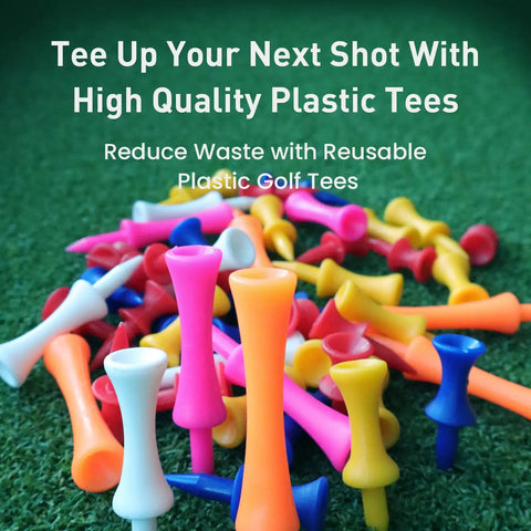 Unbreakable Castle Golf Tees Set In Mixed Colors 100 Count Step-Down Plastic Golf Tees on green surface for practice