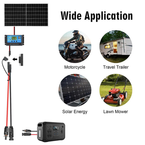 Heavy Duty 10AWG Solar Panel To SAE Adapter Cable 2Ft shown with wide application including RVs, motorcycles, solar panels