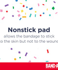 Text describing nonstick pad, feature of Paw Patrol Nickelodeon Character Bandages For Kids, Sterile Adhesive And Individually Wrapped, First Aid Wound Care For Minor Cuts And Scrapes, Assorted Sizes, 20 Count.