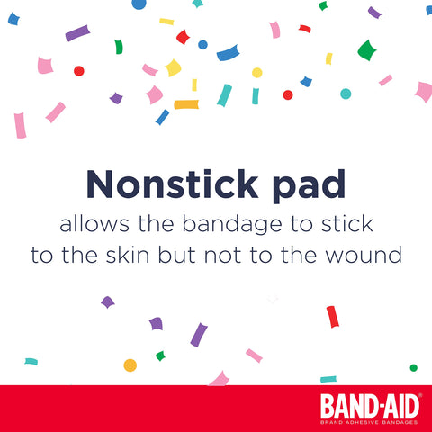 Text describing nonstick pad, feature of Paw Patrol Nickelodeon Character Bandages For Kids, Sterile Adhesive And Individually Wrapped, First Aid Wound Care For Minor Cuts And Scrapes, Assorted Sizes, 20 Count.