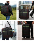 Foldable duffel bag, side view showing black luggage with wheels, red trim and green zipper pocket.
Foldable duffel bag, front view of wheeled luggage being pulled with extendable handle.
Foldable duffel bag, close-up view of black luggage with green zipper pocket and red piping.
Foldable duffel bag, front view of upright wheeled luggage with top handles on city street.