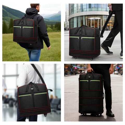 Foldable duffel bag, side view showing black luggage with wheels, red trim and green zipper pocket.
Foldable duffel bag, front view of wheeled luggage being pulled with extendable handle.
Foldable duffel bag, close-up view of black luggage with green zipper pocket and red piping.
Foldable duffel bag, front view of upright wheeled luggage with top handles on city street.