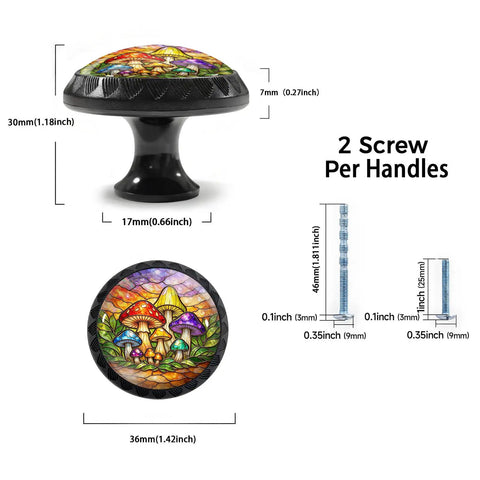 Colorful Mushroom Cabinet Knobs Four Pack for Kitchen and Bathroom, top view showing stained glass design with leaves