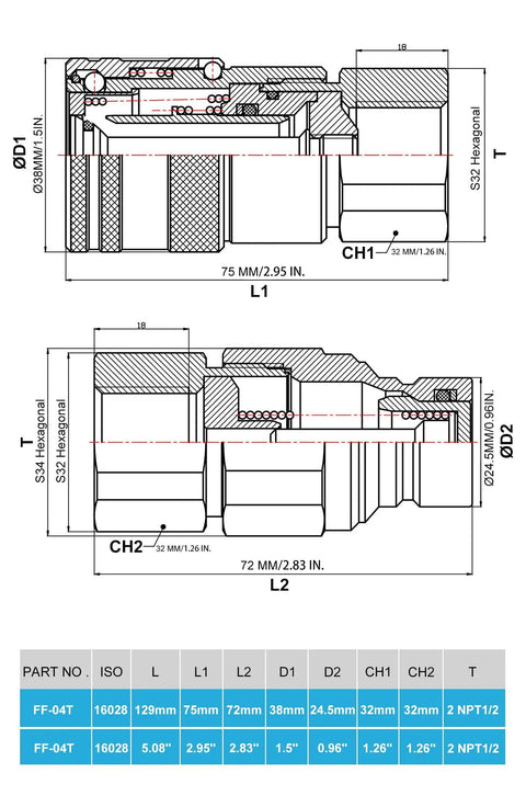 Technical diagram of Flat Face 1/2 Inch NPT Hydraulic Quick Connect Couplers Set with dimensions and specifications.