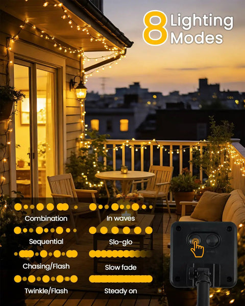 Two Pack 240 LED Solar String Lights Outdoor Waterproof With 8 Modes And Memory Auto On Off for patio at sunset
