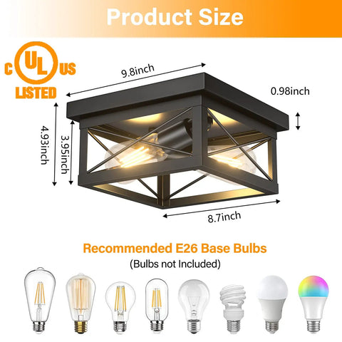 2 Light Flush Mount Square Industrial Black Ceiling Light Fixture With Vintage Farmhouse Vibe dimensions and bulb types