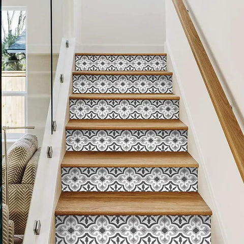 14 Strips Peel And Stick Stair Risers Self Adhesive Vinyl Stickers Decals For Steps With Moroccan Pattern, Staircase Murals Decor, 39.37 By 7.09 Inches, Easy Peel And Stick Install