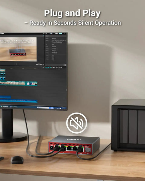 Five Port 2.5G Ethernet Switch With 10Gb SFP Plus Uplink for NAS Gaming and PC on desk next to monitor and NAS.