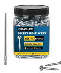 650 Count 8 Gauge X 1 1 4 Inch Pocket Hole Screws Zinc Coated Coarse Thread Square Drive Washer Head With 150Mm Setup Bit in clear jar.