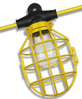 Heavy Duty 100 Foot Construction String Lights with yellow caged work light socket, portable for indoor outdoor job sites