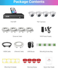 Package contents of 4K PoE Security Camera System With 2TB HDD, 4 Outdoor Indoor 5MP Dome Cameras, NVR, cables, mouse, and guide