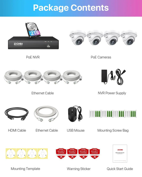 Package contents of 4K PoE Security Camera System With 2TB HDD, 4 Outdoor Indoor 5MP Dome Cameras, NVR, cables, mouse, and guide