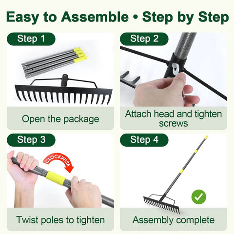 Step-by-step guide to assemble Tough-As-Nails 17 Inch Metal Bow Rake with XL Cowhide Gloves and 65 Inch Adjustable Steel Handle.