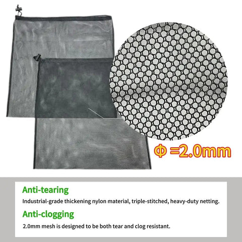 Two Pack 8 By 10 Inch Pond Pump Filter Bags Black Mesh Media Bags for Outdoor Water Ponds and Filters, anti-clogging mesh detail.