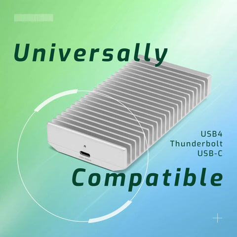 Express 1M2 Portable NVMe SSD Enclosure With USB4 Thunderbolt Compatible USB C Aluminum Heat Sink on gradient background