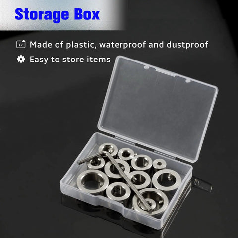 Depth Stop Collar Set For Drill Bits 3 To 16 Millimeters, 12-Piece Stainless Steel Kit with screw collars in clear storage box