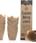 200 Pack Natural Tulip Cupcake Liners Unbleached Baking Cups for Standard Muffin Pans in a stacked arrangement.
