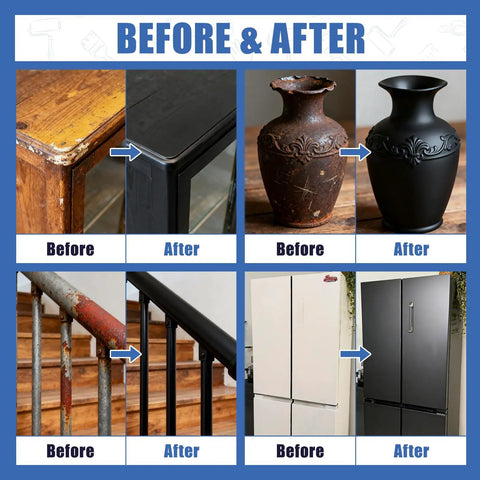 Before and after using All In One Multi Surface Black Paint For Indoor And Outdoor Use No Sanding No Priming Quick Drying For Wood Walls Furniture Cabinets Metal And More 5 Oz on various surfaces.