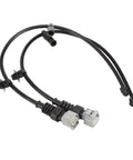 Two front brake pad wear sensor cables, black with white 2-pin connectors