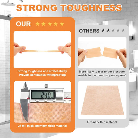 Comparison of Rock Solid Waterproof Membrane 108 Square Feet and ordinary thin material for strength and thickness.