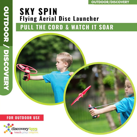 Sky Spin Flying Aerial Disc Launcher With Two Large Wings Kid Powered STEM Toy demonstrated by child outdoors