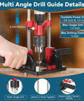 Portable Multi Angle Drill Guide For Precise Angled Holes, Adjustable 0 To 60 Degrees with self-centering pins in use on wood