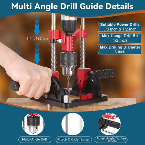 Portable Multi Angle Drill Guide For Precise Angled Holes, Adjustable 0 To 60 Degrees with self-centering pins in use on wood