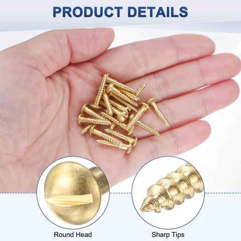 Hand holding M METERXITY 20-Pack Wood Screws, M3 x 18mm Brass Slotted Round Head Self-Tapping Screw Indoor Fasteners.