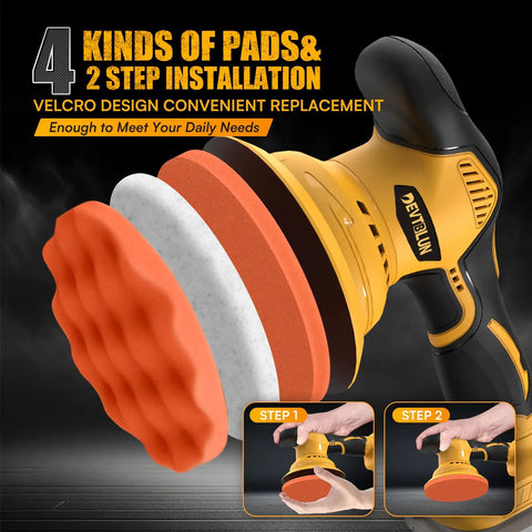 Cordless Car Buffer Polisher Kit 6 Inch Brushless Dual Action Orbital Polisher With 8 Speed Settings Up To 5500 RPM showcasing pads