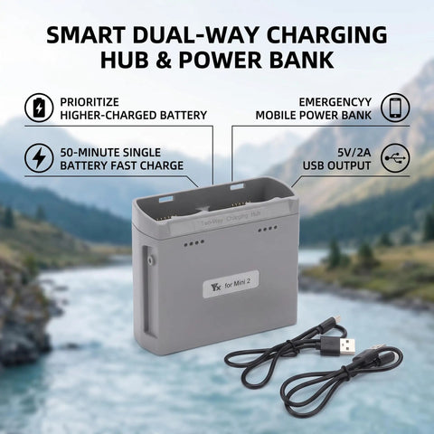 Portable Smart Dual Battery Charger Hub For Drones in grey with cables, dual charging slots, and USB output, suitable for outdoor use.