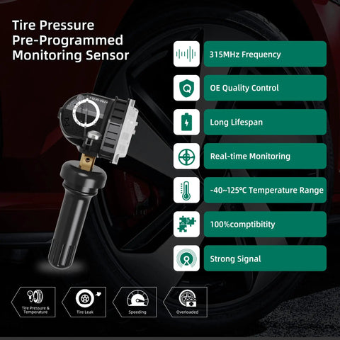 Ford TPMS Sensor 315MHz Set Of 4 Replacement Tire Pressure Monitoring Sensors Direct Fit For 2015 Through 2024 Edge Explorer Expedition EcoSport Bronco Bronco Sport E Series, black sensor