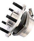 Front Wheel Bearing And Hub Assembly For 2005-2006 Chevy Equinox, 2006 Pontiac Torrent, And 2002-2007 Saturn Vue 5 Lug With ABS Sensor, OE 513189 Compatible Replacement, Easy Bolt-On Install, Premium Hub Assembly, close-up view of silver assembly with black bolts and ABS sensor connector, highlights 5-lug pattern.