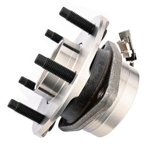 Front Wheel Bearing And Hub Assembly For 2005-2006 Chevy Equinox, 2006 Pontiac Torrent, And 2002-2007 Saturn Vue 5 Lug With ABS Sensor, OE 513189 Compatible Replacement, Easy Bolt-On Install, Premium Hub Assembly, close-up view of silver assembly with black bolts and ABS sensor connector, highlights 5-lug pattern.