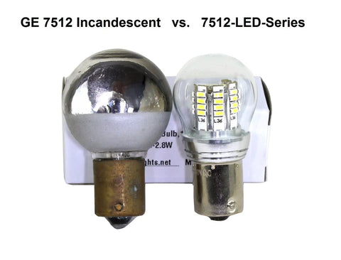 Comparison of GE 7512 incandescent bulb with 7512-LED-Series, showing design differences and LED components on packaging.