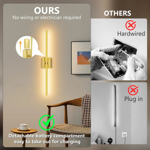 Top Shelf Gold Rechargeable Wall Sconces Pair Wireless Battery Powered LED Wall Light Removable 10000 Mah Power Base for easy charging