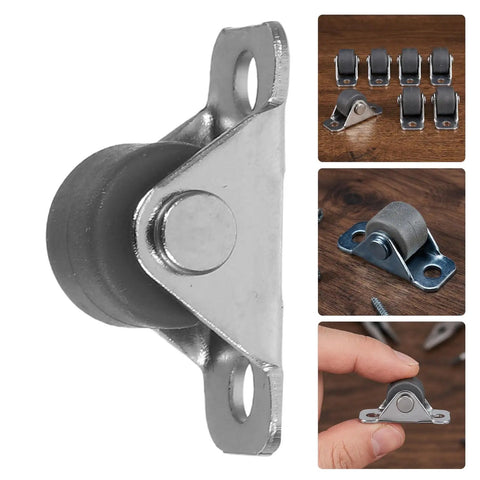 Eight Piece Low Profile Rigid Rubber Caster Wheels Non Swivel Fixed Plate Casters With Silent Rolling And Floor Saving Design For Heavy Furniture Bedroom Appliances And Small Trolleys No Sweat Moving For Your Furniture Everyday close-up view of a single caster wheel with a metal plate.