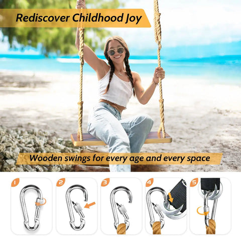 Woman on outdoor and indoor wooden swing for adults and kids with adjustable hemp rope and tree straps, beach background