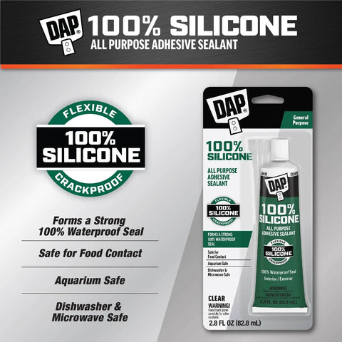 All Purpose 100 Percent Silicone Adhesive Sealant Clear 2.8 Oz Waterproof Bonding And Sealing For DIY Projects In Kitchens Bathrooms And Aquariums Dries Clear In About 12 Hours packaging displaying sealant tube