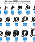 130 Piece Hose Clamp Set With 16 Sizes 6 To 25 mm Swivel Jaw Pliers Constant Tension Radiator Clamps displayed by size and quantity