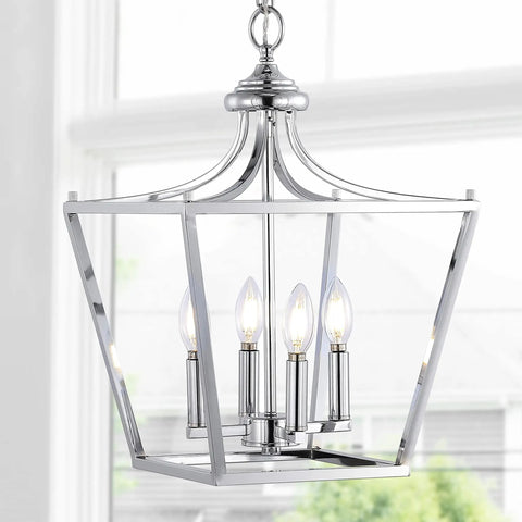 Chrome 13 Inch 4 Light Pendant Lantern With Adjustable Chain For Kitchen Island Foyer And Entryway Modern Farmhouse Vibe Ceiling Light LED Bulbs Included