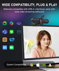 4K Auto Focus USB Web Cam With Dual Mics And Quick Privacy Flip Hella Crisp Video For Seamless Meetings Live Streams And Streamer Clips Plug And Play On PC Or Laptop A Total No Brainer Purchase; webcam on screen, woman using it, wide compatibility icons.